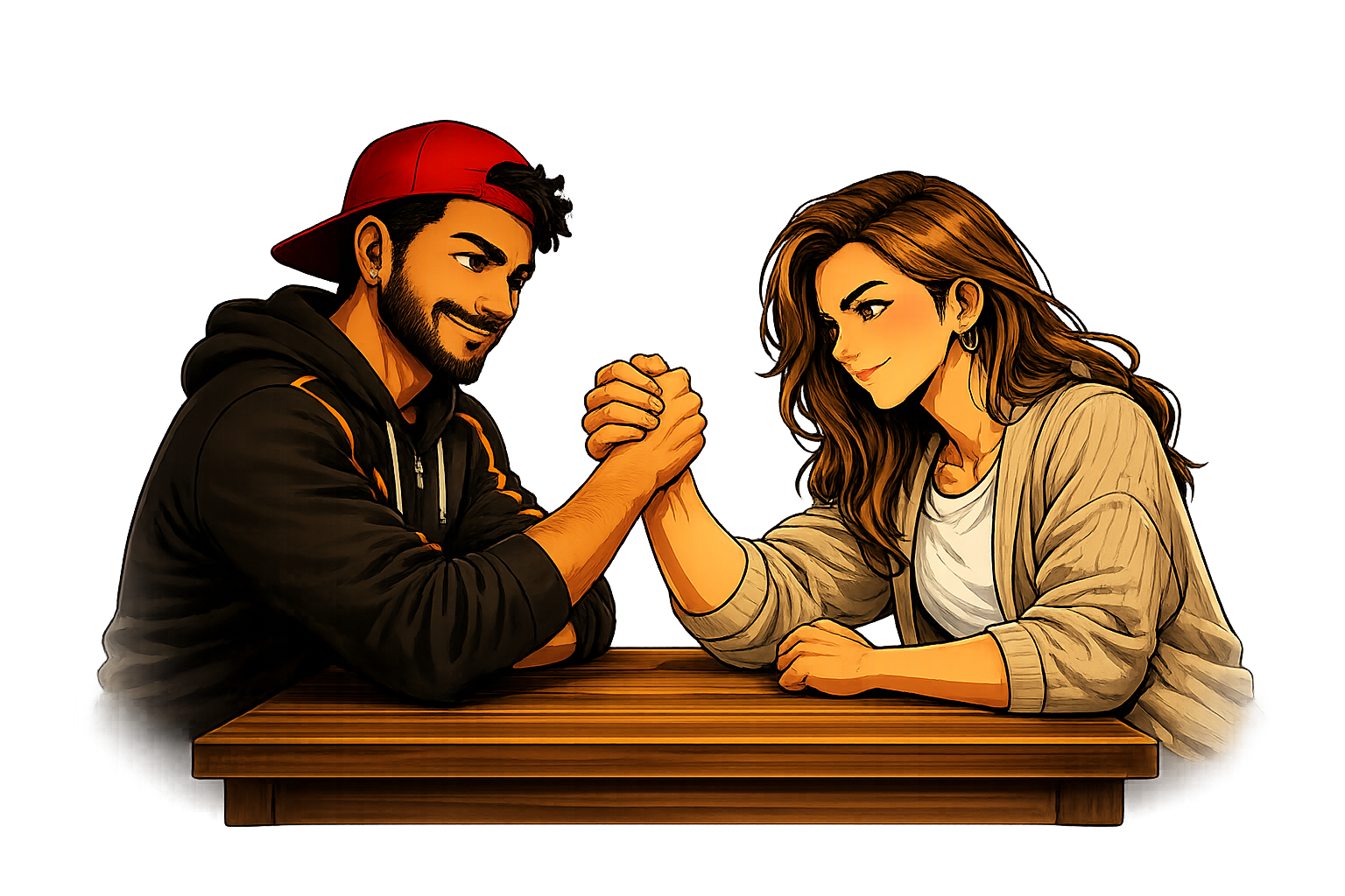 Two friends in a good-natured arm-wrestle — illustrating the match concept