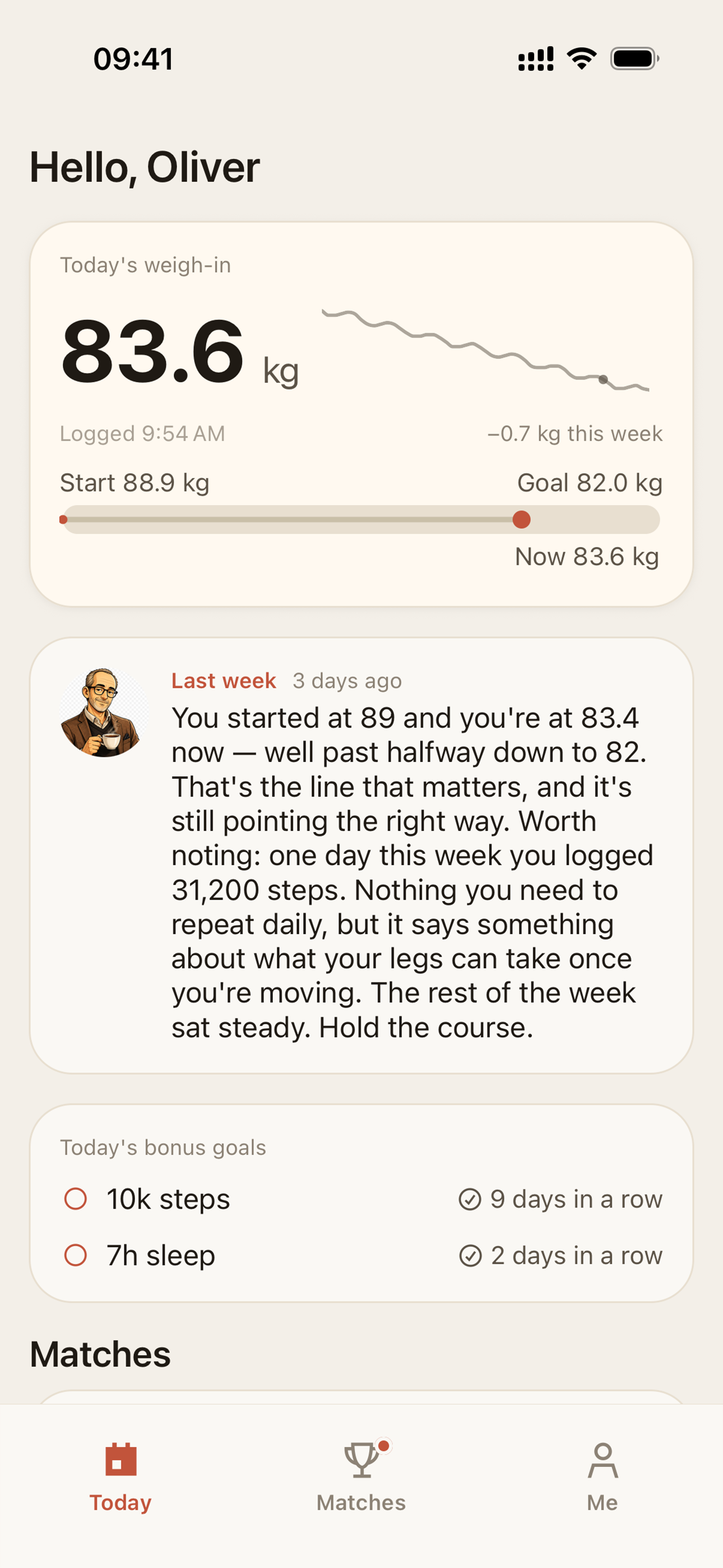 The Today screen with the day's weigh-in and a coach note